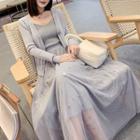Set: Spaghetti Strap Knit Top + Embellished Maxi A-line Skirt + Cardigan
