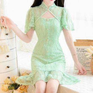 Mandarin Collar Bell-sleeve A-line Lace Dress