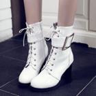 Faux-leather Lace-up Block Heel Short Boots