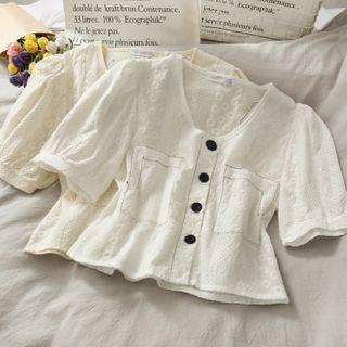 Embroidered Puff-sleeve Crop Blouse
