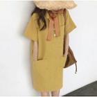 Pocketed Elbow-sleeve Polo Dress Yellow - One Size
