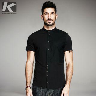 Patchwork Stand-collar Asymmetric Shirt