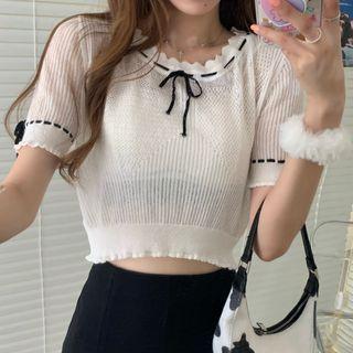 Contrast Trim Short-sleeve Knit Top / High-waist Skort