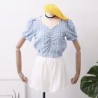 Set: Ruched Checked Blouse + Bubble Shorts