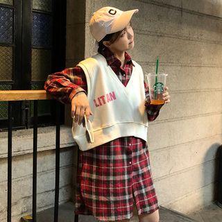 Plaid Shirt Dress / V-neck Lettering Vest