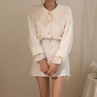 Long-sleeve Lace Trim Wide Collar Shirt / Faux Pearl Buttoned Cardigan