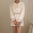 Long-sleeve Lace Trim Wide Collar Shirt / Faux Pearl Buttoned Cardigan
