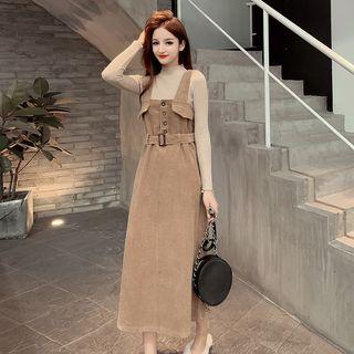 Set : Semi High-neck Long-sleeve Top + Corduroy Back Strap Maxi Skirt