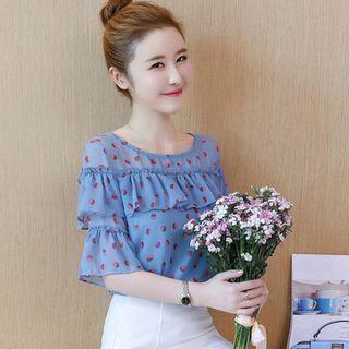 Short-sleeve Dotted Ruffle Chiffon Blouse