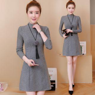 Panel-sleeve Mock-neck Tweed Dress
