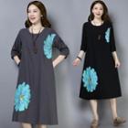 Flower Long-sleeve Midi A-line Dress