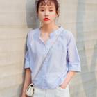 Elbow-sleeve Split-neck Blouse