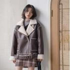 Faux Shearling Lined Belted Biker Jacket Brown - One Size