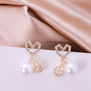 Faux Pearl Rhinestone Heart Drop Earring E3262 - 1 Pair - As Shown In Figure - One Size