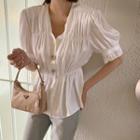 V-neck Lantern-sleeve Button Detail Blouse White - One Size