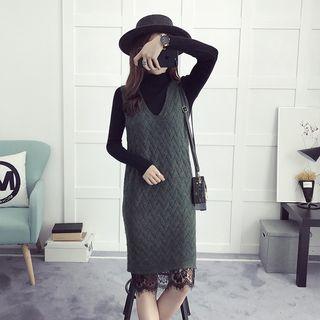 Lace Hem Studded Knit Pinafore Dress