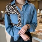 Leopard Print Panel Denim Shirt Light Blue - One Size