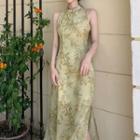 Printed Sleeveless Qipao Dress Yellow - One Size