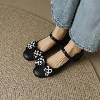 Genuine Leather Plaid Bow Mary Jane Shoes