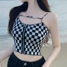 Checker Print Zip-up Knit Camisole Top Check - Black & White - One Size
