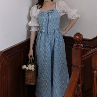 Set: Puff-sleeve Gingham Midi A-line Dress + Scarf