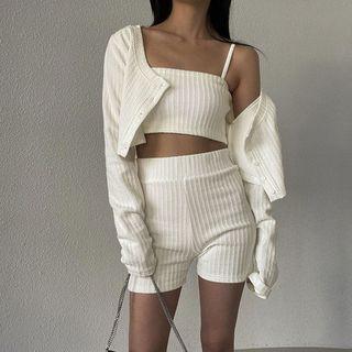 Set: Ribbed Cropped Camisole Top + Skinny Shorts + Plain Long-sleeve Cropped Cardigan