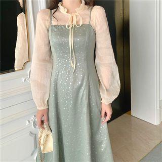 See-through Long-sleeve Blouse / Slim-fit Sleeveless Dress