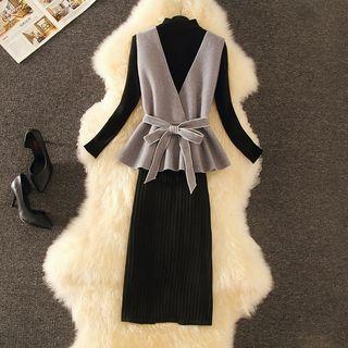 Long-sleeve Knit Top / Midi Straight-fit Skirt / Tie-waist Vest / Set