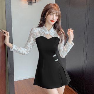 Set: Long-sleeve Lace Panel Mini A-line Qipao Dress + Shorts