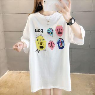 Cartoon Face Print Elbow-sleeve T-shirt