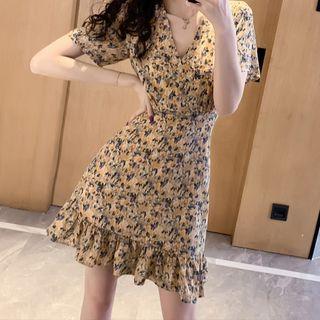 Short-sleeve Floral Print Frill Trim Mini Mermaid Dress