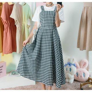 Plaid Sleeveless Midi Dress / Set: Crew-neck Short-sleeve T-shirt + Plaid Sleeveless Midi Dress