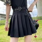 Mini Pleated Skirt / Cold-shoulder Plaid Panel Blouse