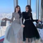 Set: Long-sleeve Mesh Panel Knit Midi A-line Dress + Faux Pearl Waist Chain