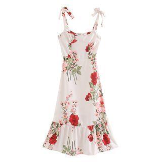 Spaghetti Strap Butterfly Print Midi A-line Dress