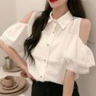 Cold-shoulder Lace-trim Buttoned Blouse White - One Size