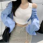 Mock Two-piece Shirt / Slit Mini Pencil Skirt