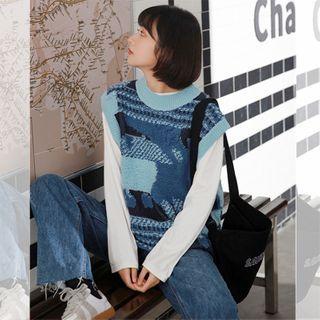 Printed Knit Vest Knit Vest - Blue - One Size