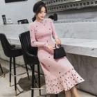 Dotted Long-sleeve Midi Knit A-line Dress