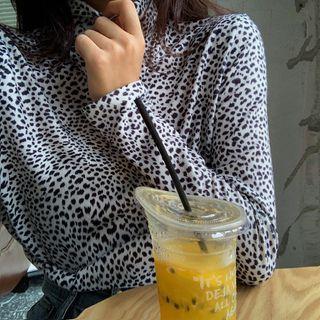 Long-sleeve Turtleneck Leopard Top As Figure - One Size