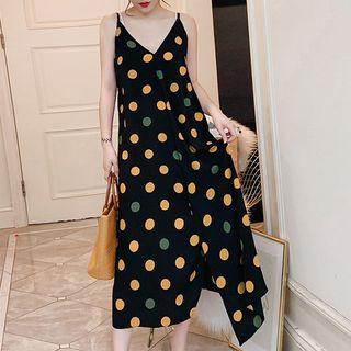 Spaghetti-strap Polka Dot Asymmetric Midi Dress