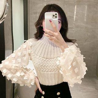 Flower Applique Mock-turtleneck Chiffon Sleeve Sweater