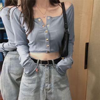 Front Button Off-shoulder Ribbed Cropped Top