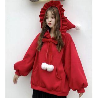 Ruffle Trim Pom Pom Hoodie