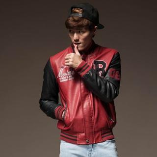 Faux-leather Lettering Baseball Jacket