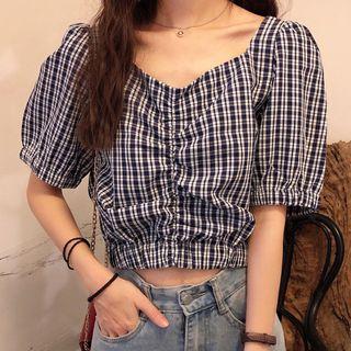 Plaid Short-sleeve Shirred Cropped Blouse Plaid - Blue - One Size