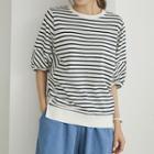 Band-cuff Asymmetric-hem Stripe T-shirt