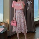 Short-sleeve Floral Print T-shirt / Midi A-line Skirt / Set