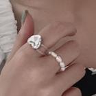 Rhinestone Heart Layered Ring / Freshwater Pearl Ring