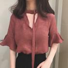 Plain Cut Out Front Elbow Sleeve Top